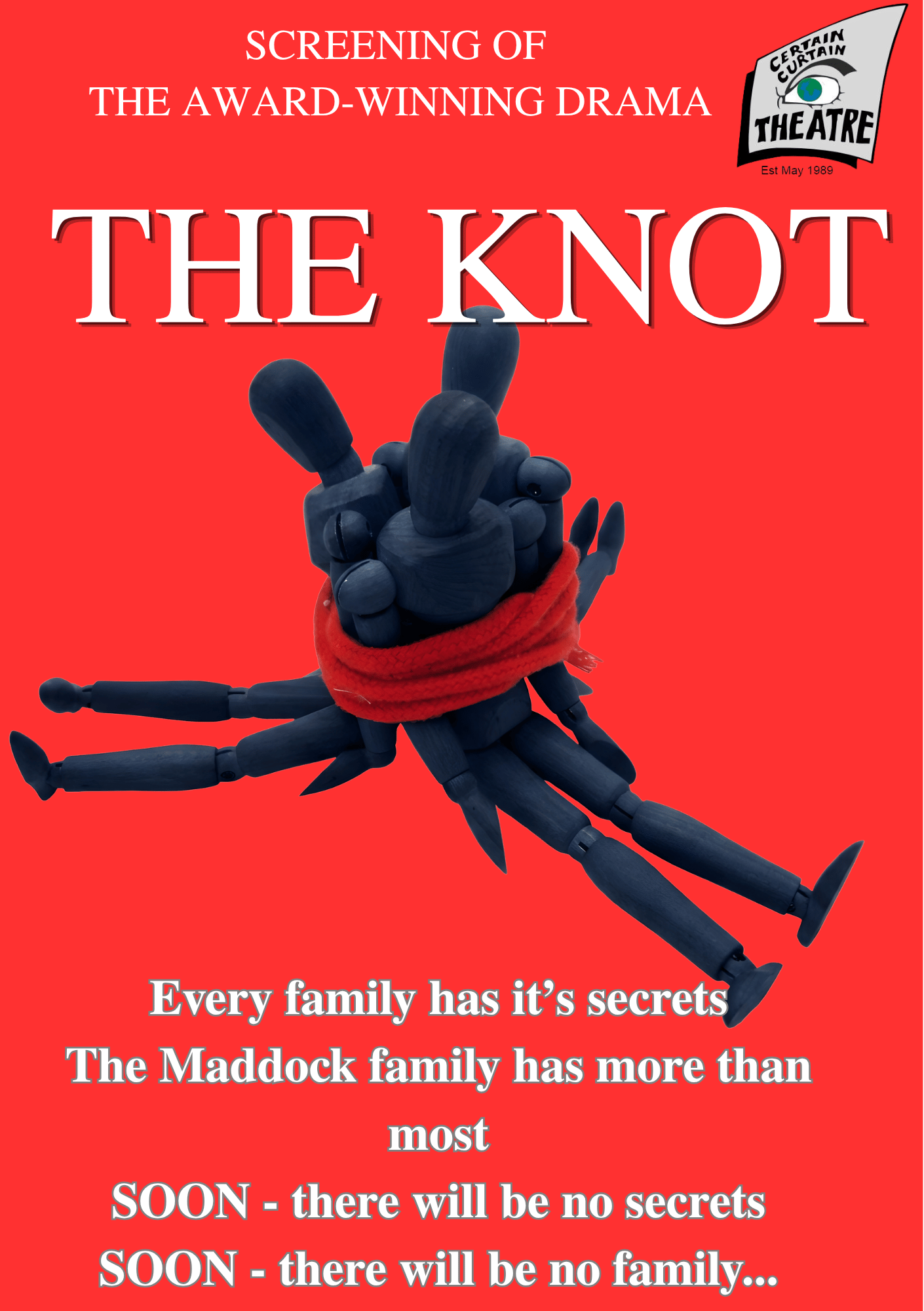 Red background with three wooden dolls tied together - Leaflet for THE KNOT a film about domestic abuse, alcohol abuse and suicide